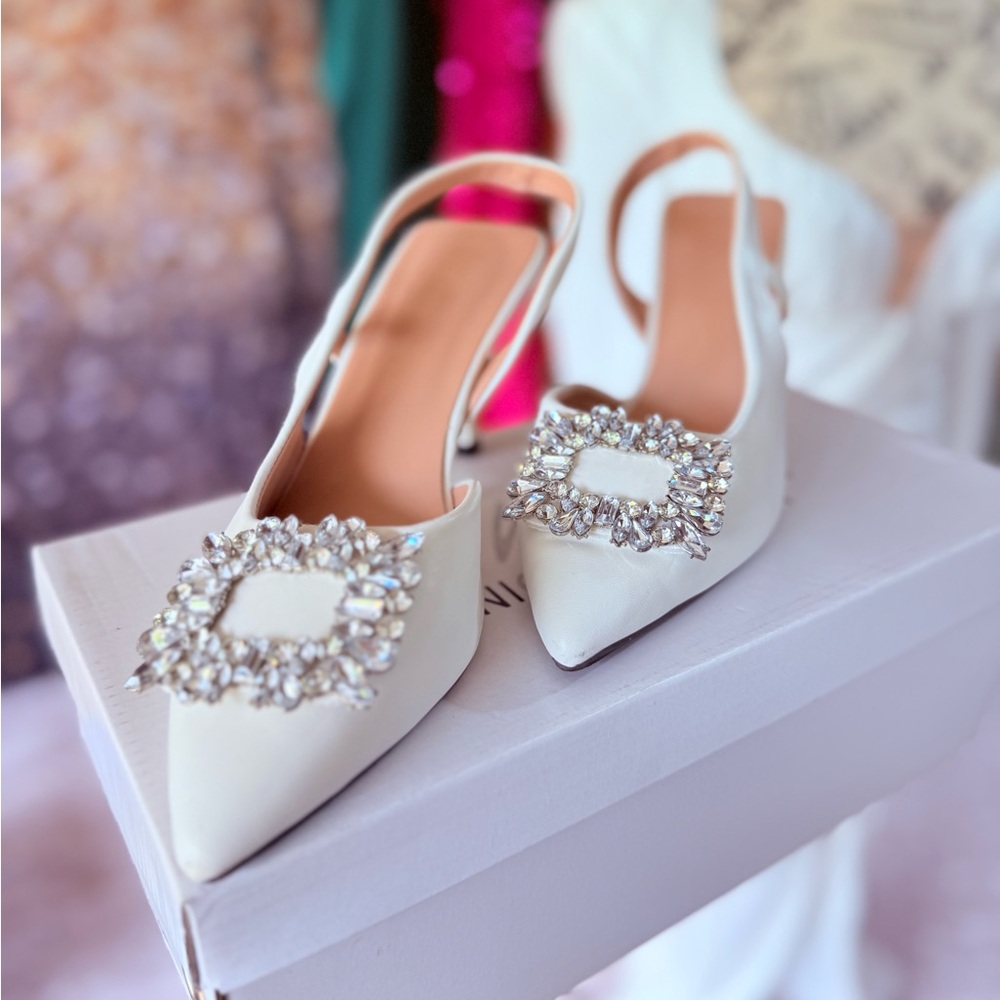 Elegant White Slingback Heels with Crystal Embellishments